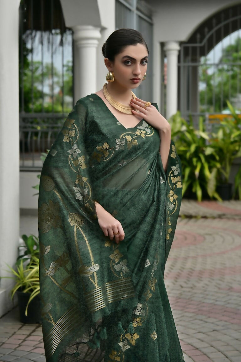 Vishnu Weaves Women's Green Linen Silk Zari Weaving Saree with Blouse - Swadesiicart