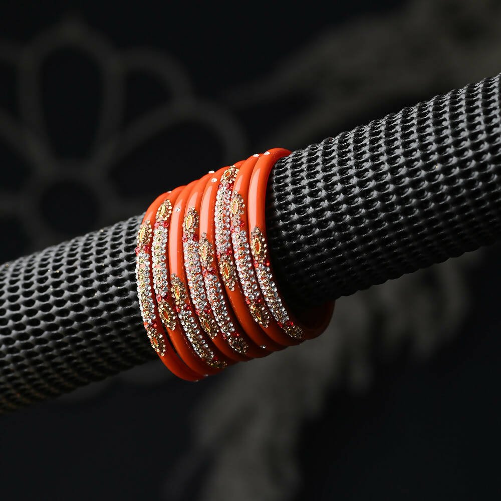 Afast Elegant Bridal & Wedding Party Fashion Bangle/Kada Set, Orange, Glass, Pack Of 8 Model No- A29 - Swadesiicart