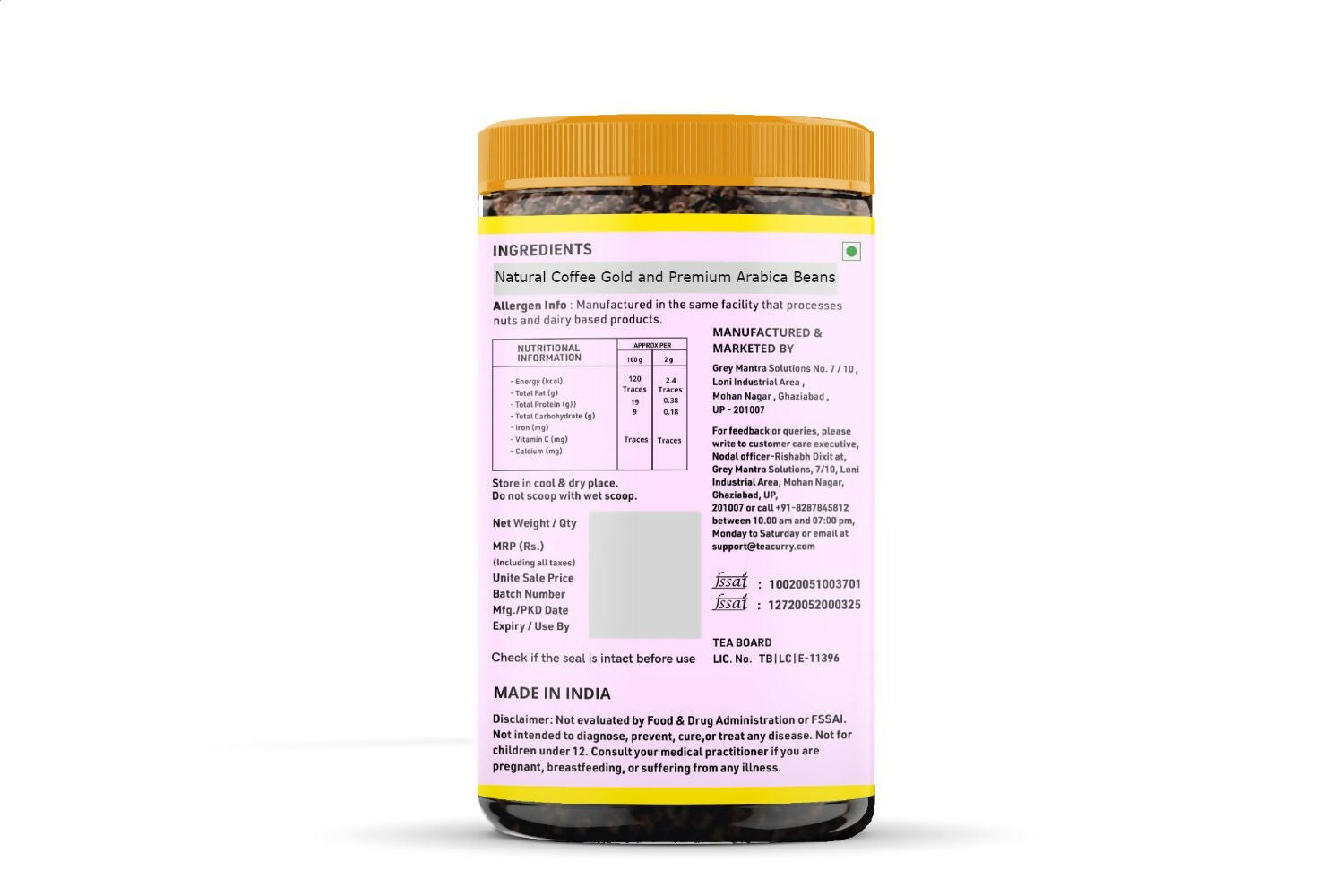 Teacurry Gold Instant Coffee Powder - Arabica Freeze Dried Coffee for Instant Hot & Cold Coffee - Swadesiicart
