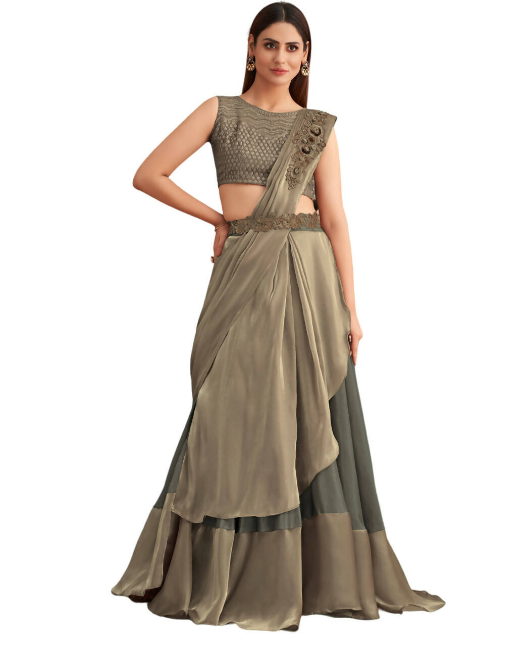 Green Satin Embroidered Ready To Wear Saree With Unstitched Blouse Piece - Nandika | Swadesiicart