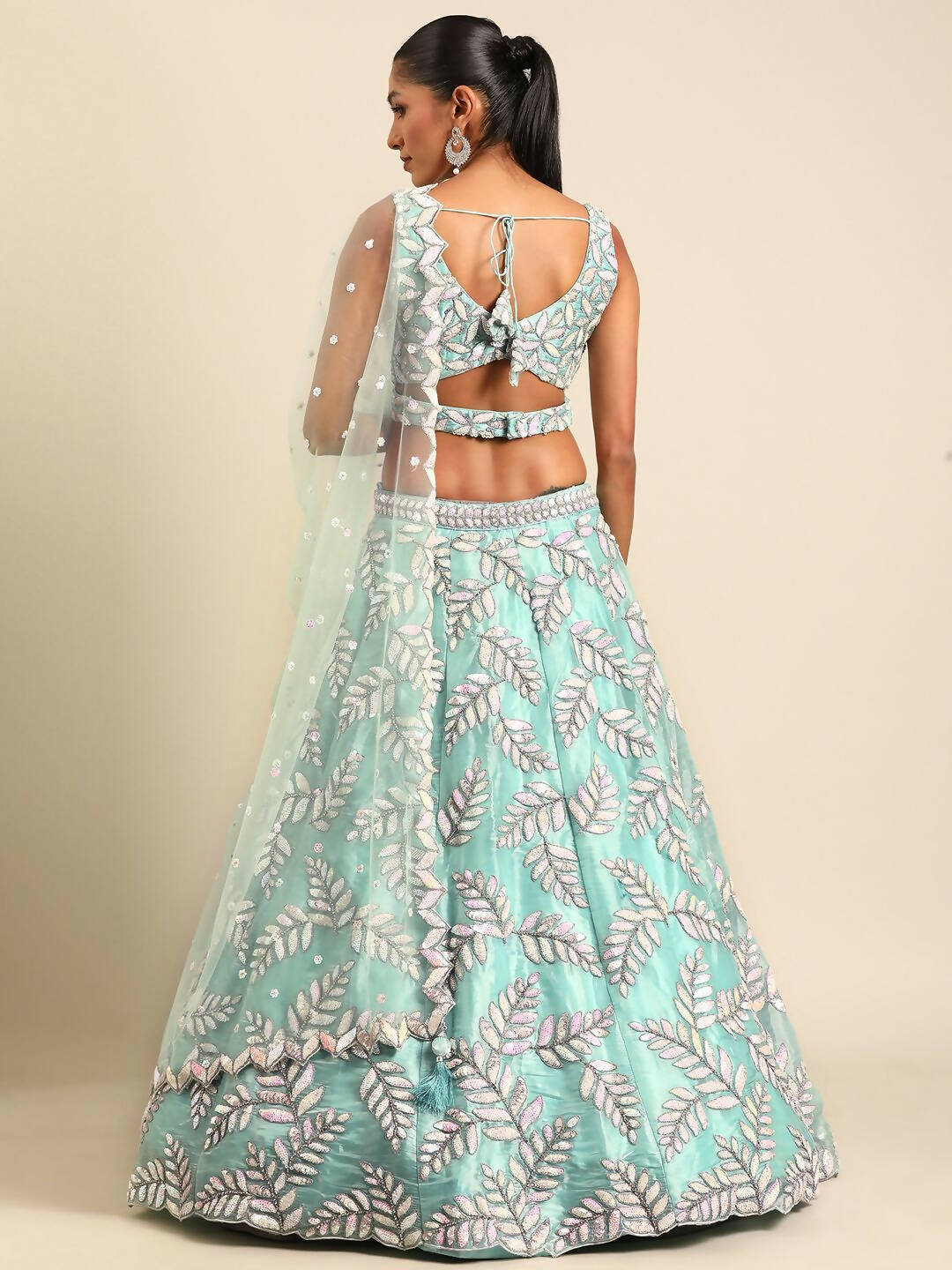 House of Panchhi Turquoise Blue Organza Sequins & Zarkan embroidery Lehenga choli & Dupatta | Swadesiicart