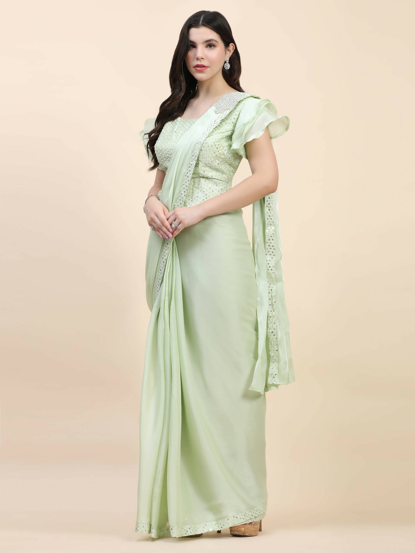 Light Green Silk Satin Sequence Work Ready to Wear Saree with stitched Blouse - Nirvana | Swadesiicart