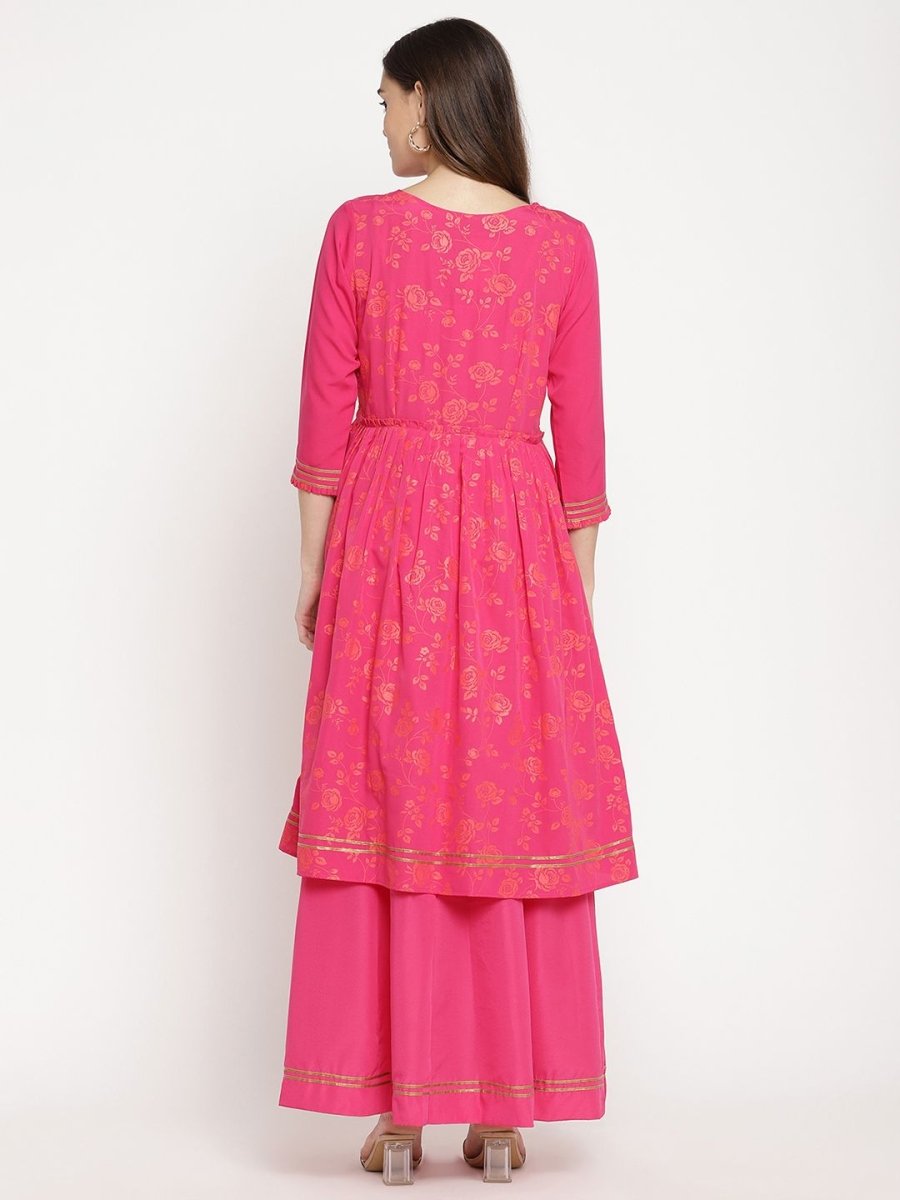 Ahalyaa Dark Pink Crepe Khari Print Dress For Women | Swadesiicart