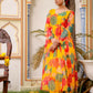 Vaasva Women Mustard Organza Multi Floral Print & Embroidered Anarkali Kurta, Pant & Dupatta set | Swadesiicart