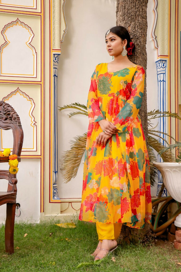 Vaasva Women Mustard Organza Multi Floral Print & Embroidered Anarkali Kurta, Pant & Dupatta set | Swadesiicart