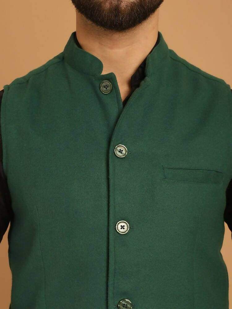 Even Apparels Pure Wool Nehru Jacket - Green | Swadesiicart