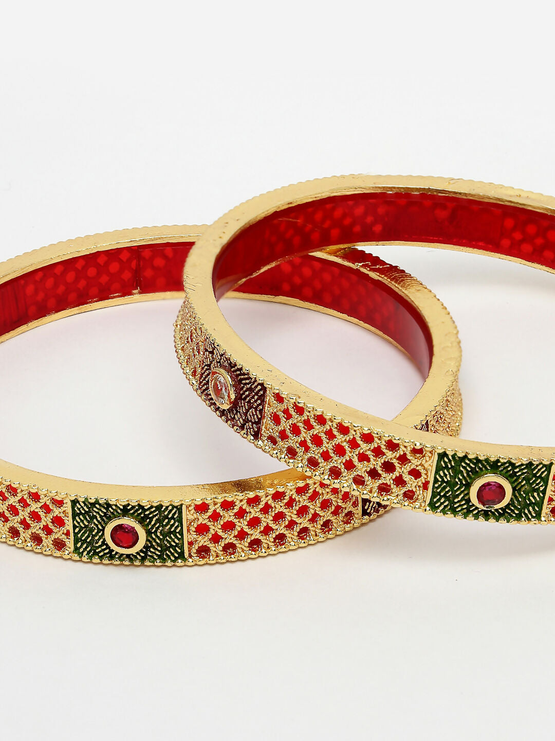 NVR Women's Set Of 2 Gold-Polished Red Kundan Traditional Bangles - Swadesiicart