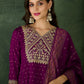 The52 Wine Women's Gorgeous Embroidered Work Vichitra Silk Fabric Flared Kurta Pant and Dupatta Set - Swadesiicart