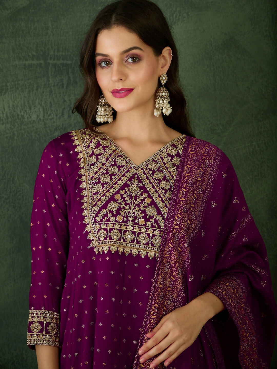The52 Wine Women's Gorgeous Embroidered Work Vichitra Silk Fabric Flared Kurta Pant and Dupatta Set - Swadesiicart