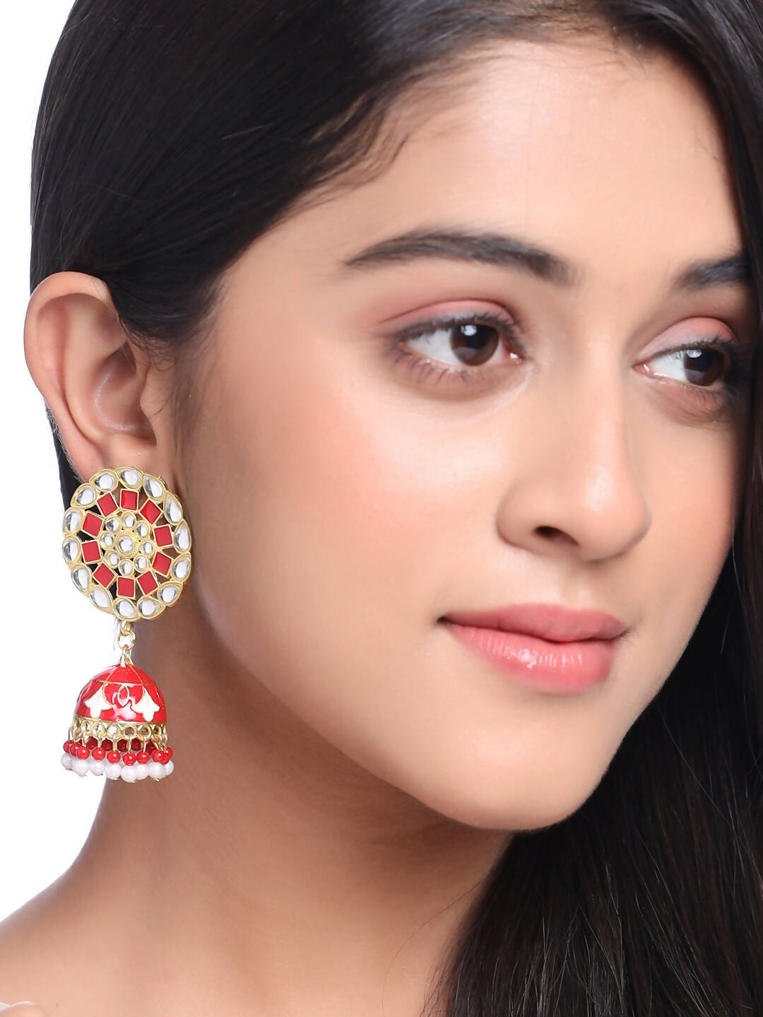 NVR Women Gold-Polished Red Dome Shaped Meenkari Jhumkas Earrings | Swadesiicart