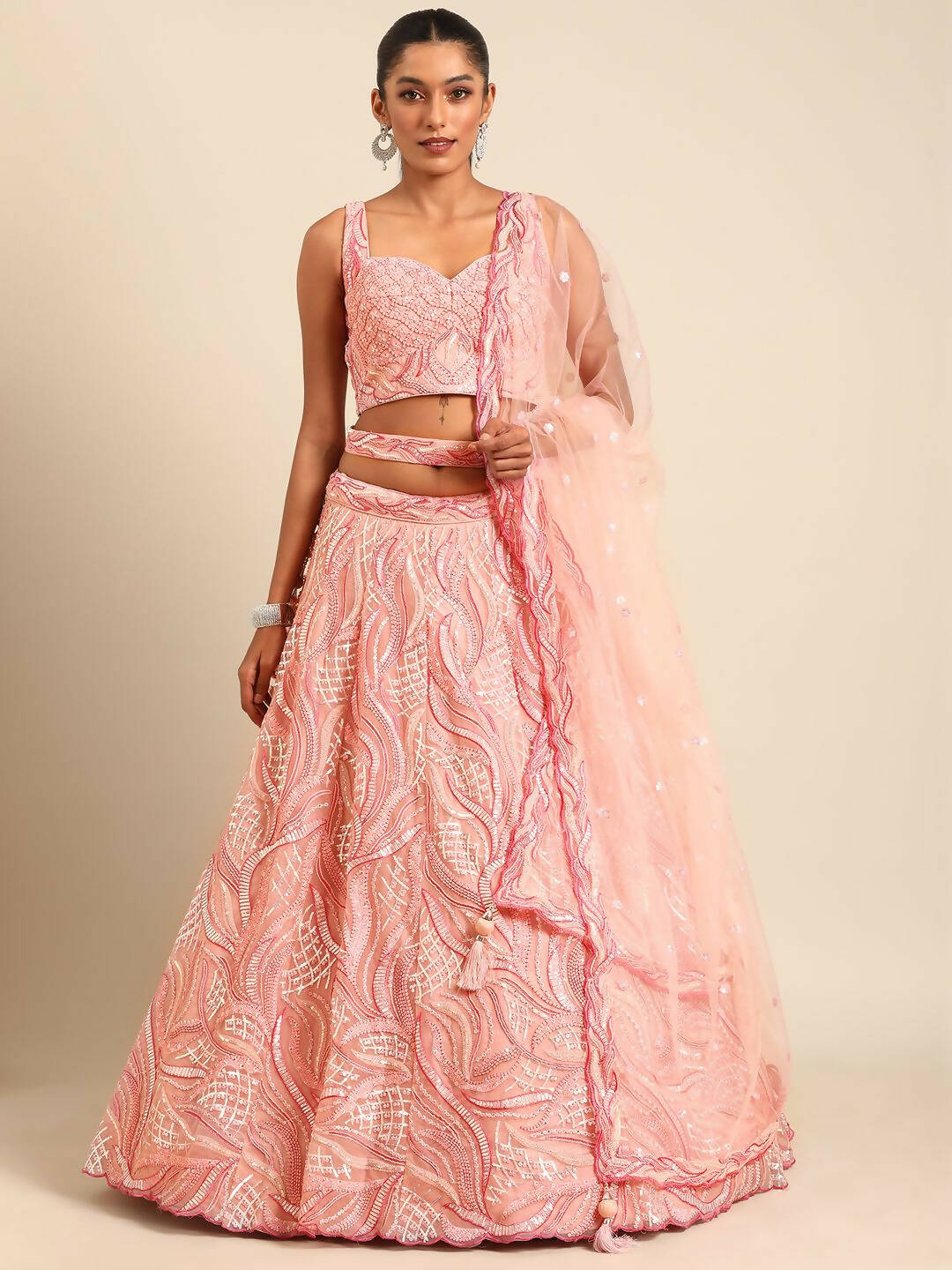 House of Panchhi Coral Pink Net Sequins and Zarkan embroidery Lehenga choli & Dupatta | Swadesiicart