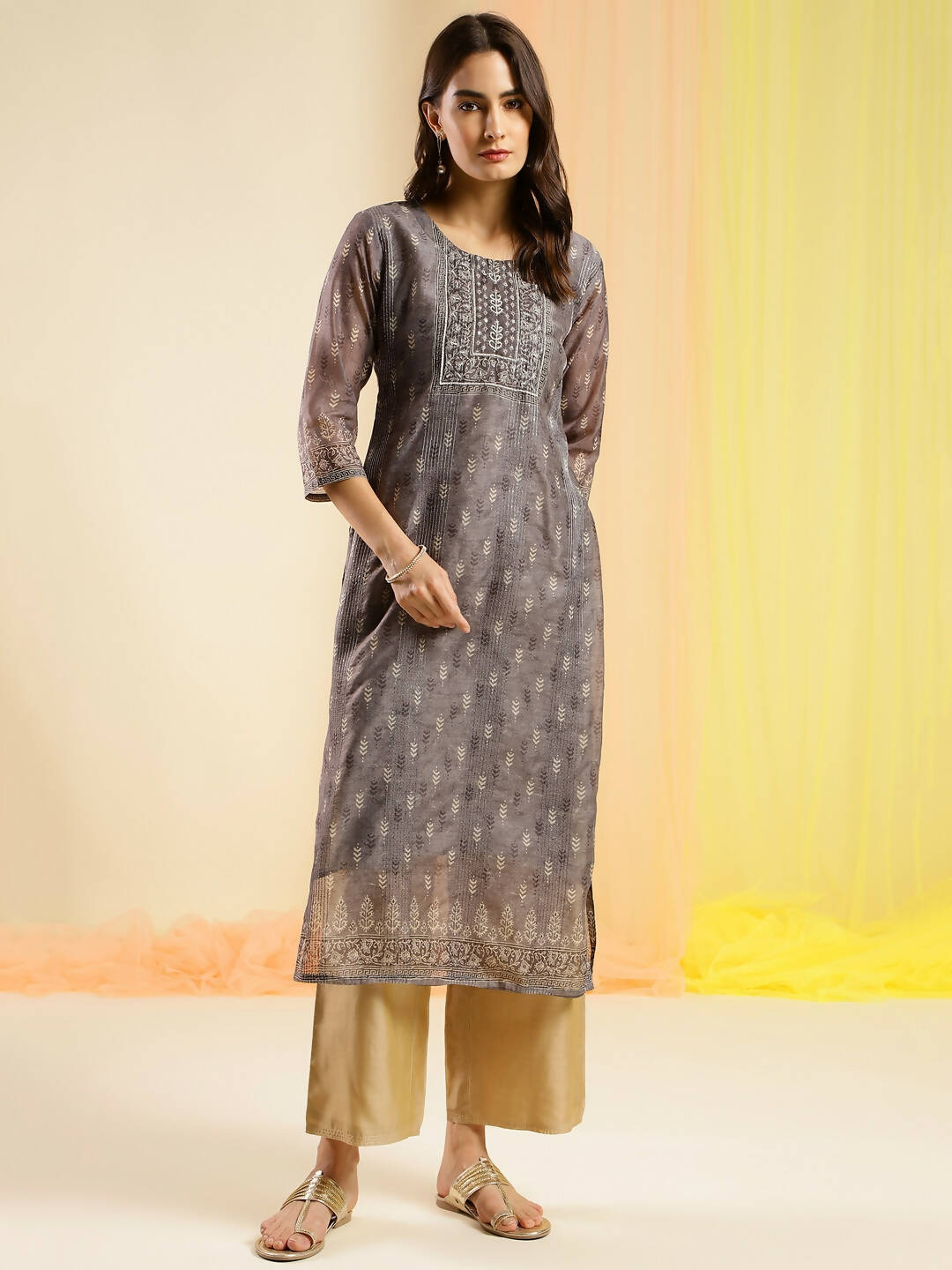 Grey Chinon Digital Printed With Hand Work Kurta - Himanshi - Swadesiicart