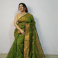 Exclusive Collection Beautiful Olive Green Cotton Silk Woven Handloom Saree With Running Blouse Piece - Swadesiicart