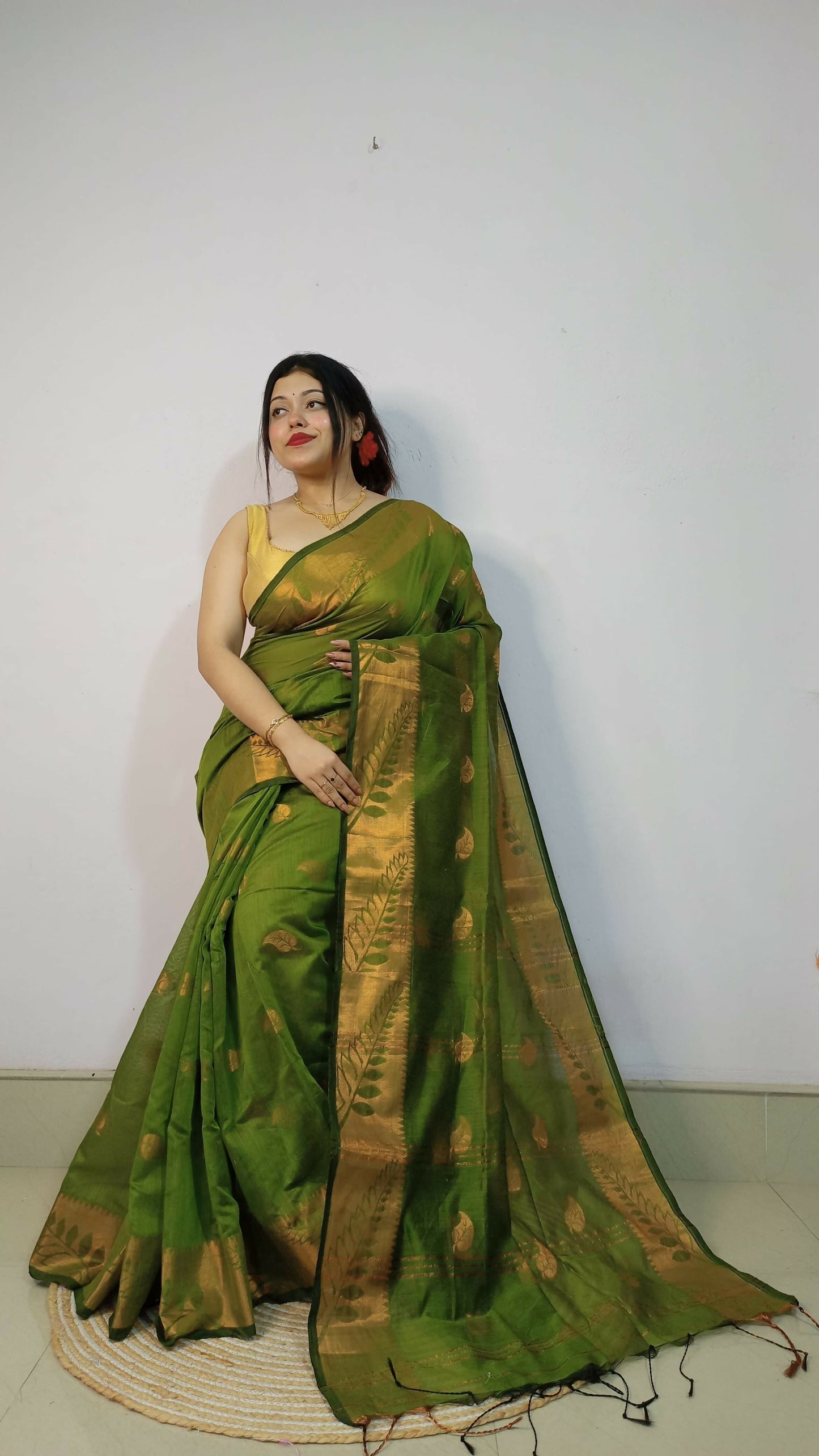 Exclusive Collection Beautiful Olive Green Cotton Silk Woven Handloom Saree With Running Blouse Piece - Swadesiicart