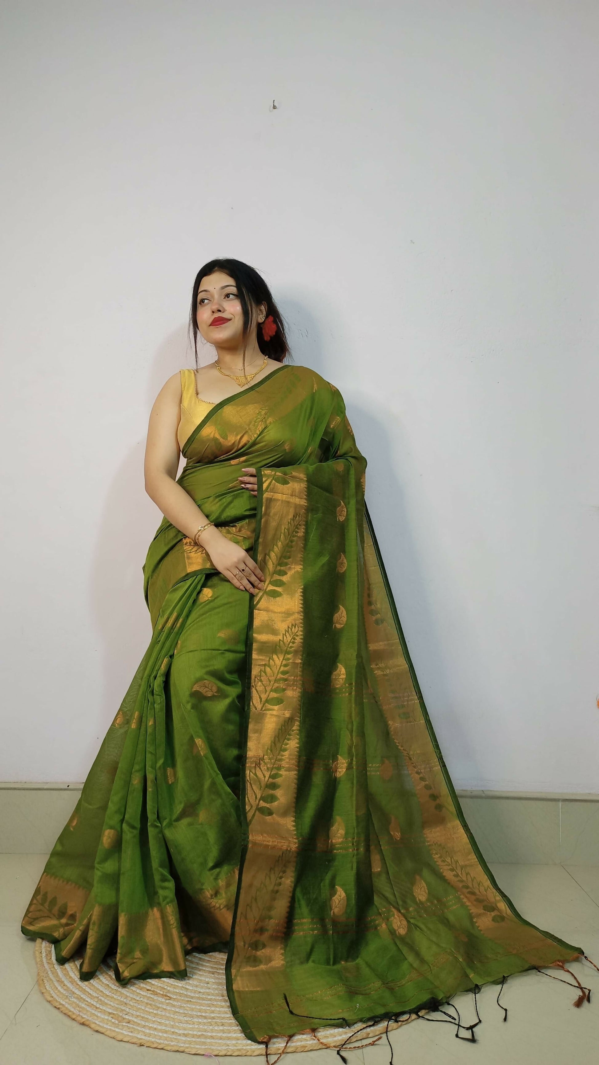 Exclusive Collection Beautiful Olive Green Cotton Silk Woven Handloom Saree With Running Blouse Piece - Swadesiicart