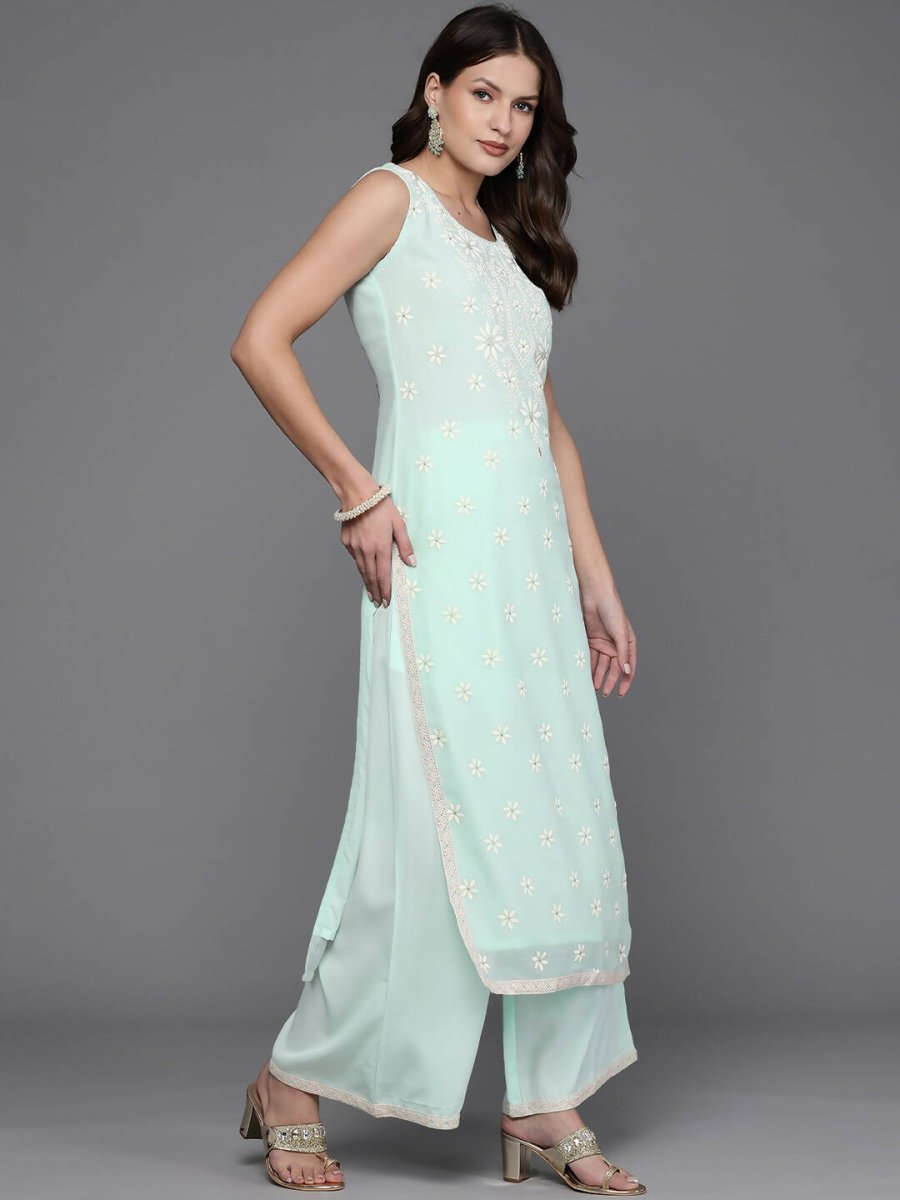 Ahalyaa Women Floral Embroidered Regular Kurta with Palazzos - Blue Color | Swadesiicart
