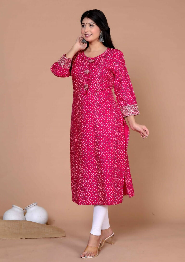 Miravan Women's Embroidered Pink Bandhani Pakistani Straight Kurti - Swadesiicart