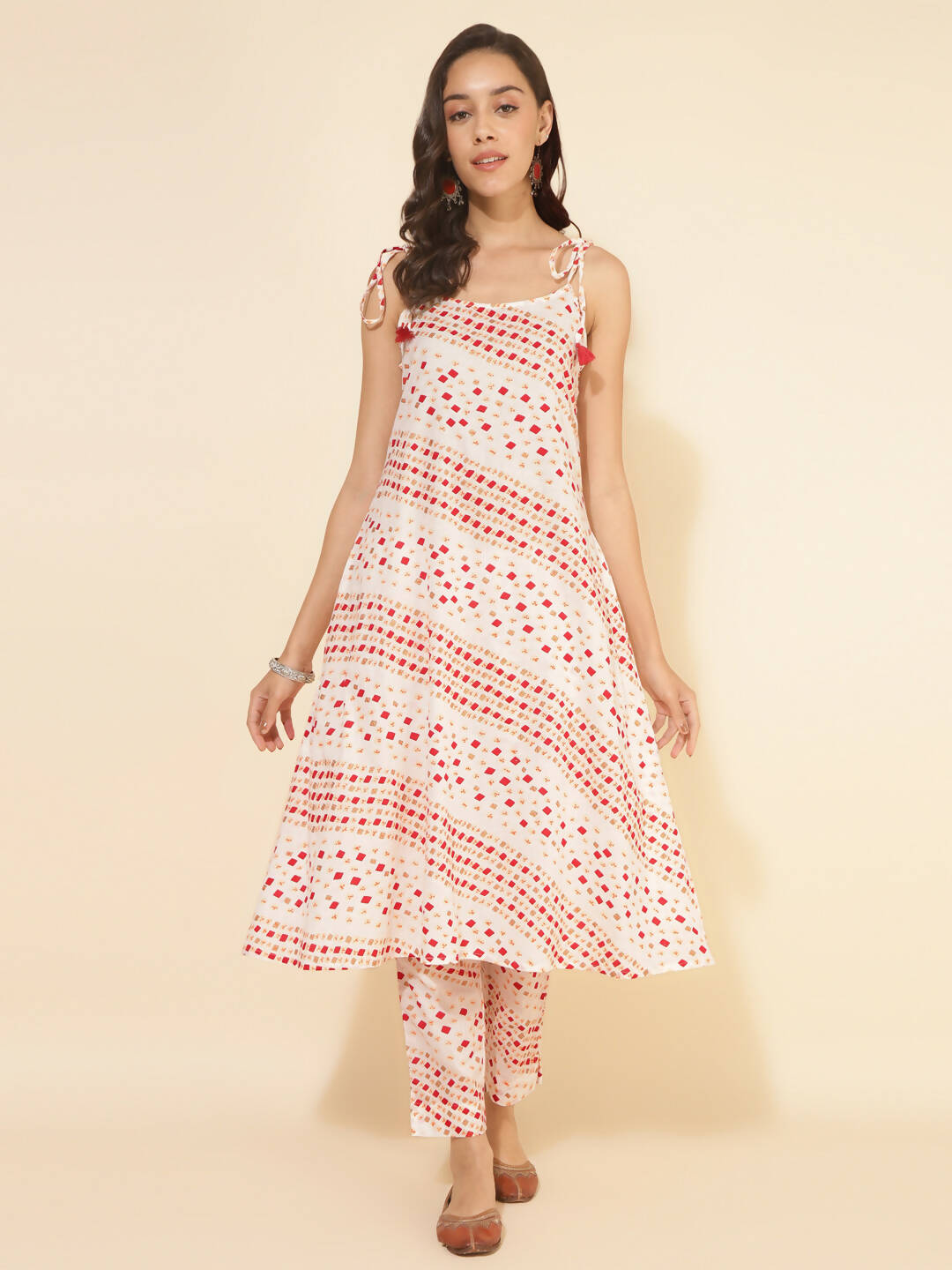 Janasya Women's White Cotton Geometric Printed Casual A-line Co-ords - Swadesiicart