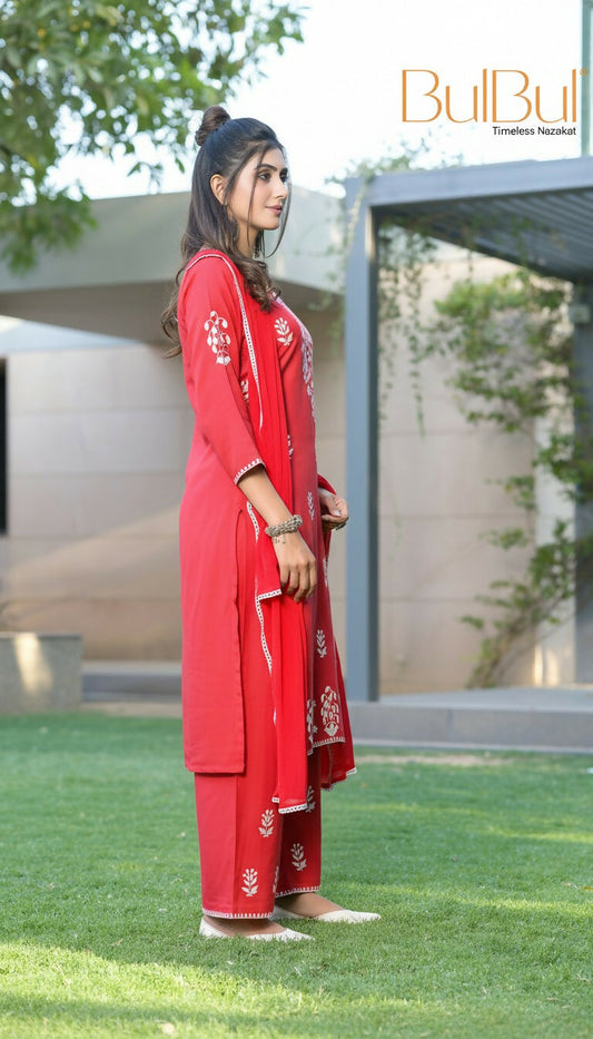 BulBul Akshyani Rust Rayon Kurta Set with Dupatta - Swadesiicart