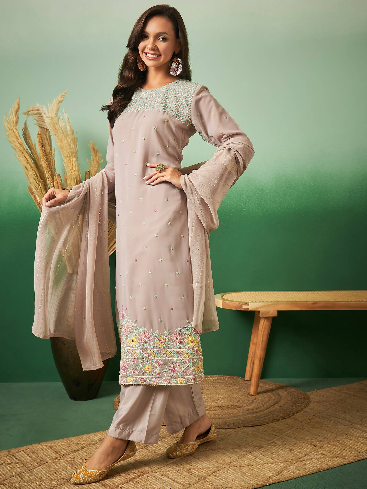 Light Brown Georgette Handwork Unstitched Dress Material - Hanika | Swadesiicart