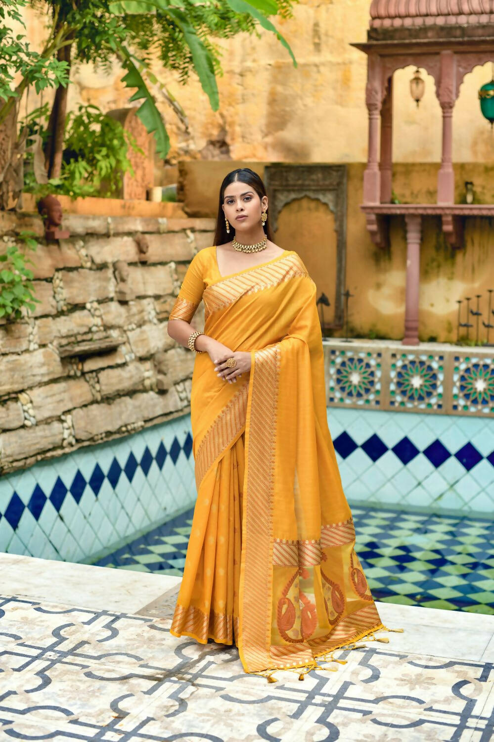 Vishnu Weaves Women's Yellow Cotton Silk Zari Woven Butta Work Saree with Blouse - Swadesiicart