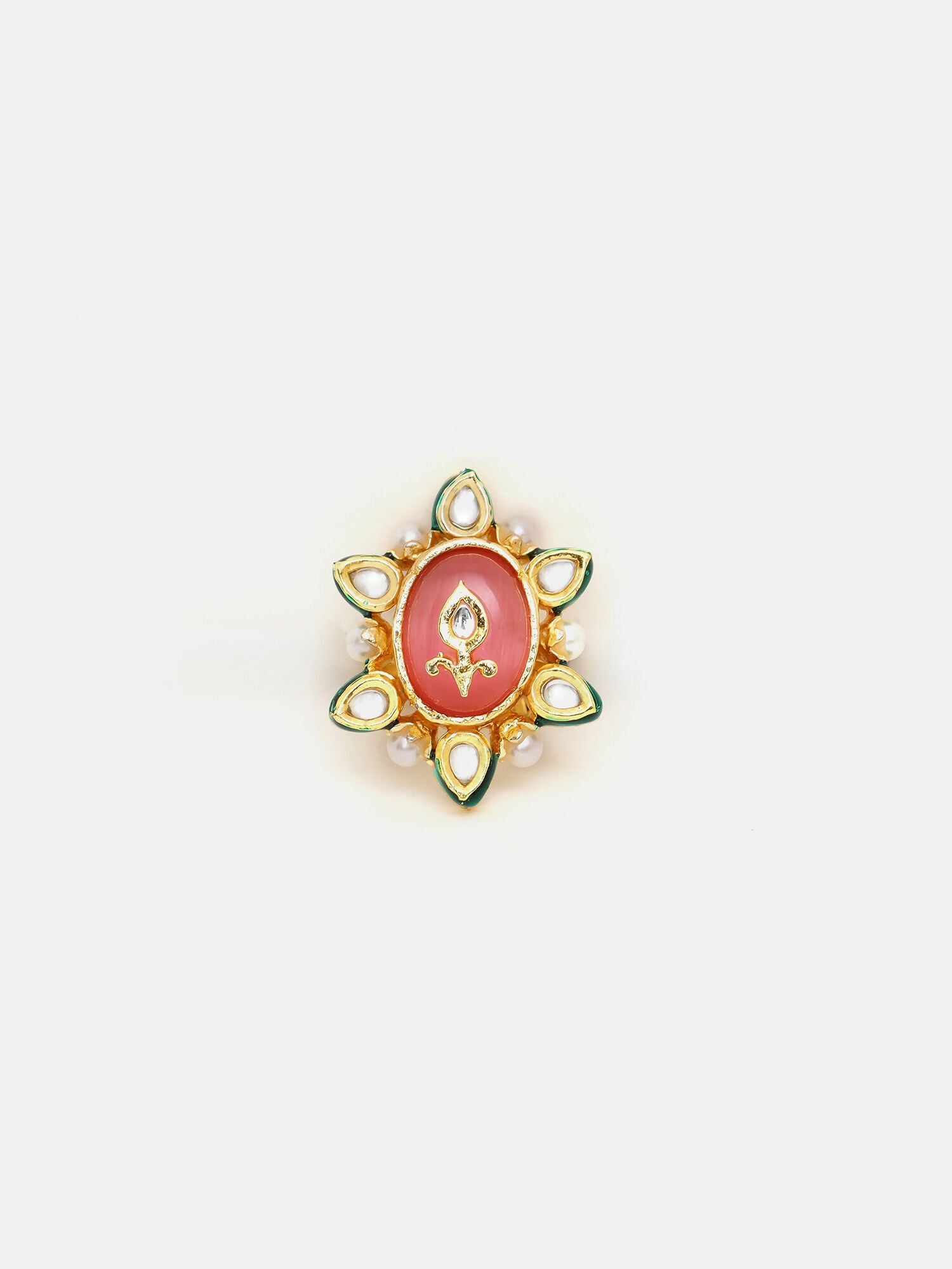 Ruby Raang Gold Polished Peach Kundan Cocktail Ring | Swadesiicart