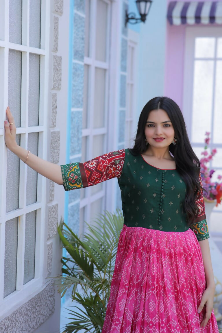 Jyoti Fashion Women's Pink Patola with Foil Print Dola Silk Anarkali Dress | Swadesiicart