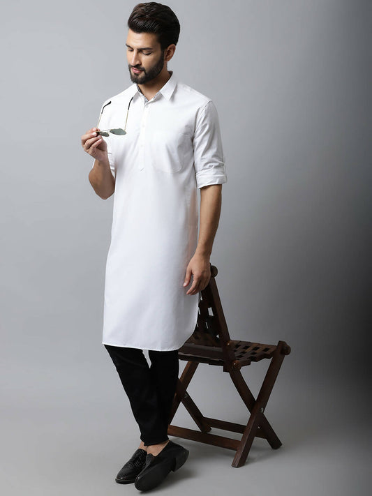 Even Apparels White Color Pure Cotton Solid Men's Kurta With Shirt Collar (SLD1203) | Swadesiicart