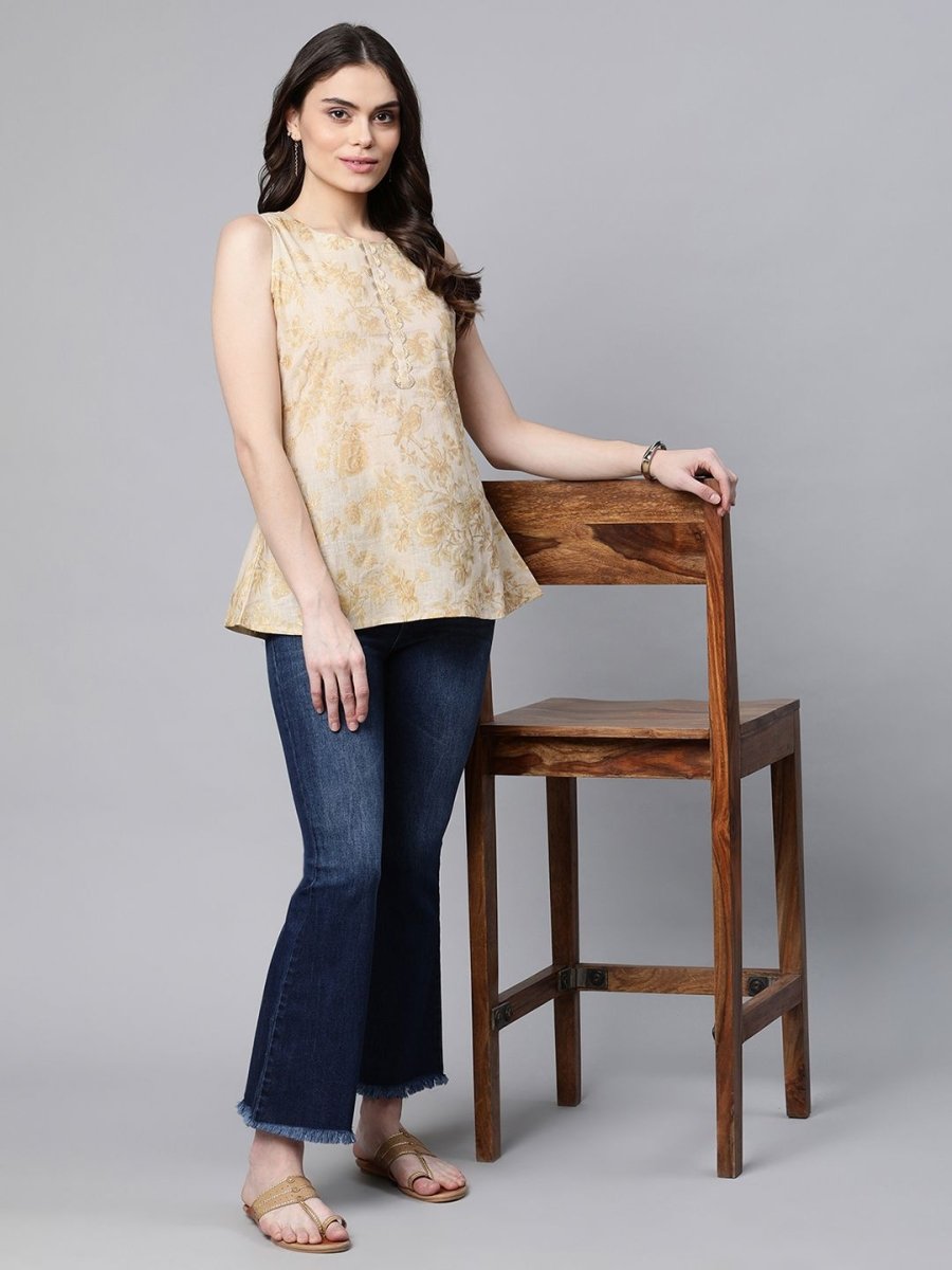 Ahalyaa Women Beige Cotton Gold Printed Tunic | Swadesiicart