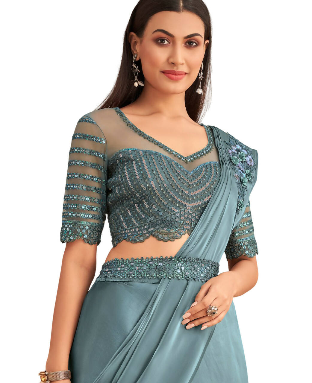 Blue Satin Embroidered Ready To Wear Saree With Unstitched Blouse Piece - Nandika | Swadesiicart