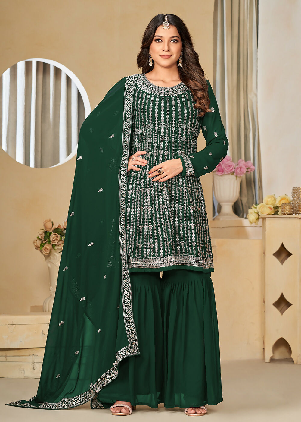 Faux Georgette Green Embroidered Gharara Style Suit - Emponline | Swadesiicart