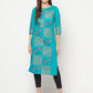 Aniyah Cotton Block Print Turquoise Straight Kurta - Swadesiicart