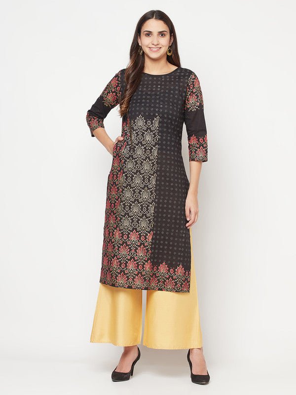Aniyah Black Color Cotton Block Print Straight Kurta - Swadesiicart