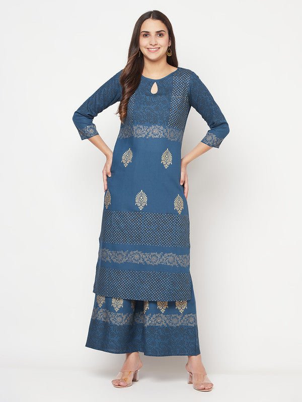 Aniyah Rayon Block Print Straight Blue Kurta - Swadesiicart