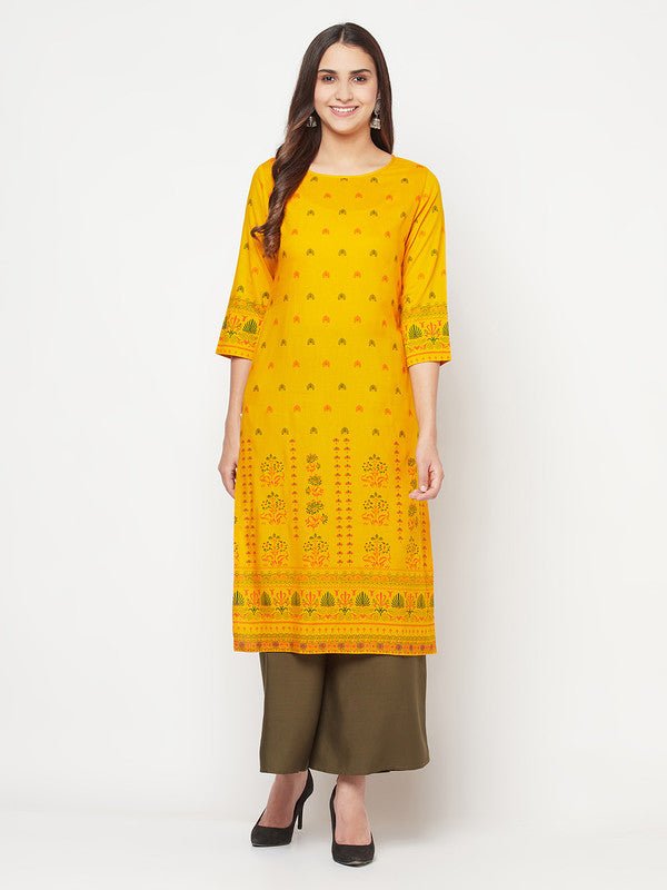 Aniyah Rayon Screen Print Mustard Straight Kurta - Swadesiicart