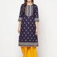 Aniyah Rayon Screen Print Navy Blue Straight Kurta - Swadesiicart
