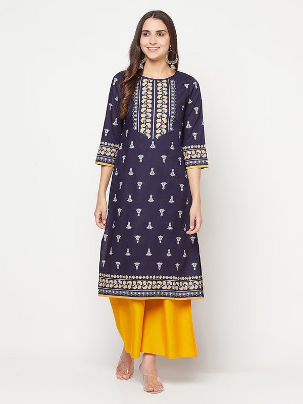 Aniyah Rayon Screen Print Navy Blue Straight Kurta - Swadesiicart