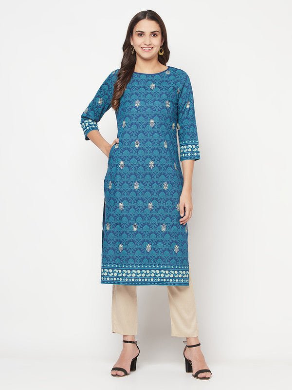 Aniyah Rayon Digital Screen Printed Blue Color Straight Kurta - Swadesiicart