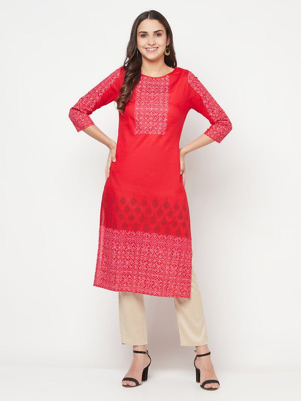 Aniyah Cotton Block Print Red Straight Kurta - Swadesiicart