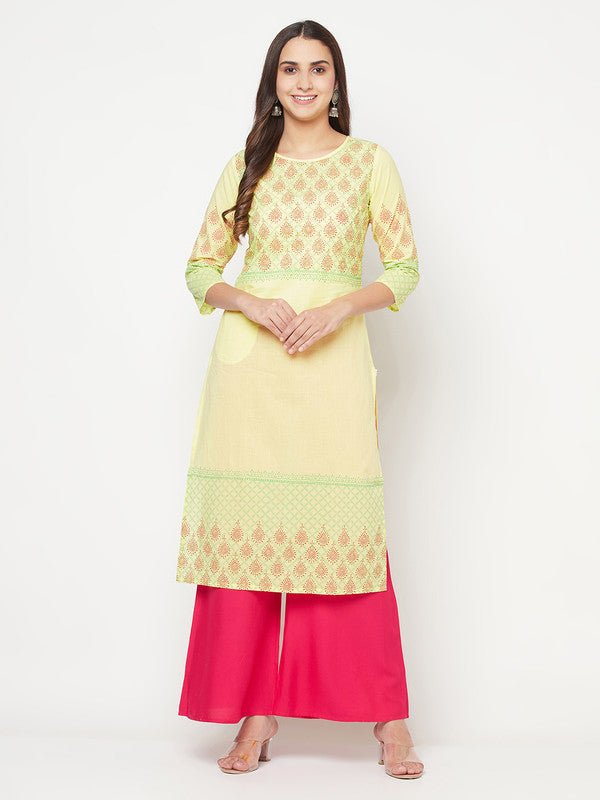 Aniyah Cotton Block Print Lemon Yellow Straight Kurta - Swadesiicart