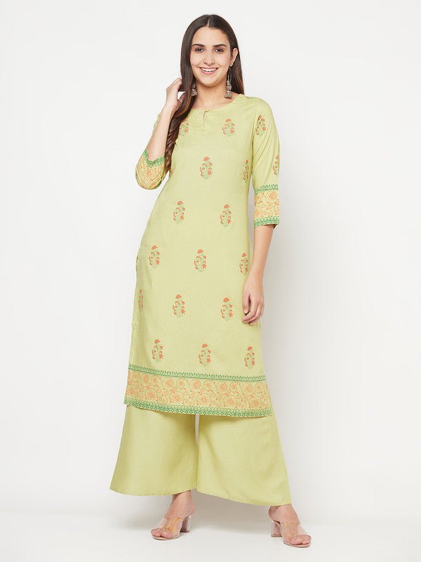 Aniyah Rayon Screen Print Pista Green Straight Kurta - Swadesiicart