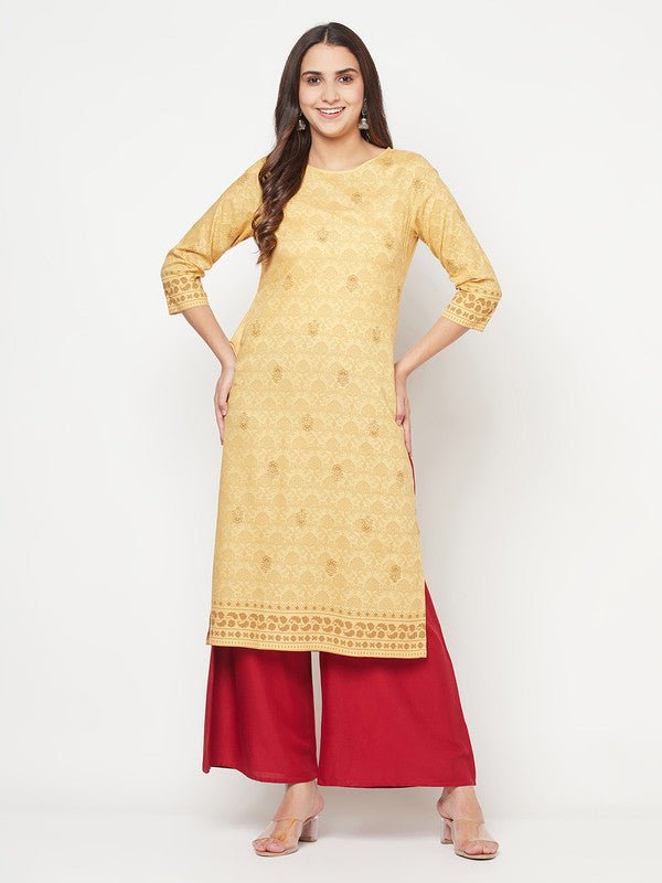 Aniyah Rayon Digital Screen Printed Golden Beige Straight Kurta - Swadesiicart
