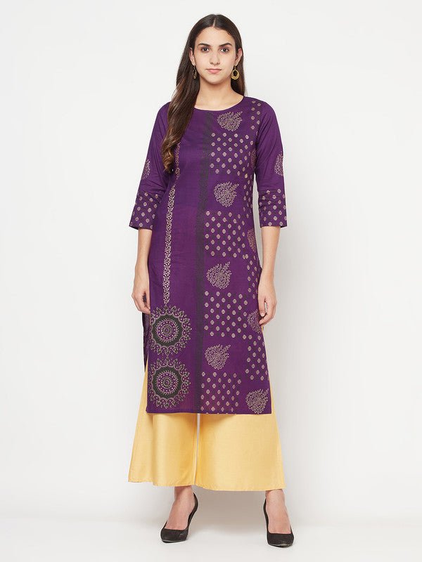 Aniyah Cotton Foil Print Purple Straight Kurta - Swadesiicart