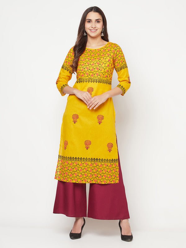 Aniyah Mustard Cotton Block Print Straight Kurta - Swadesiicart