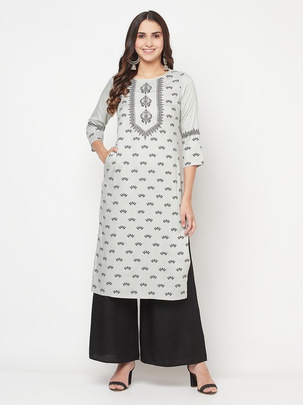 Aniyah Rayon Screen Print Light Grey Straight Kurta - Swadesiicart