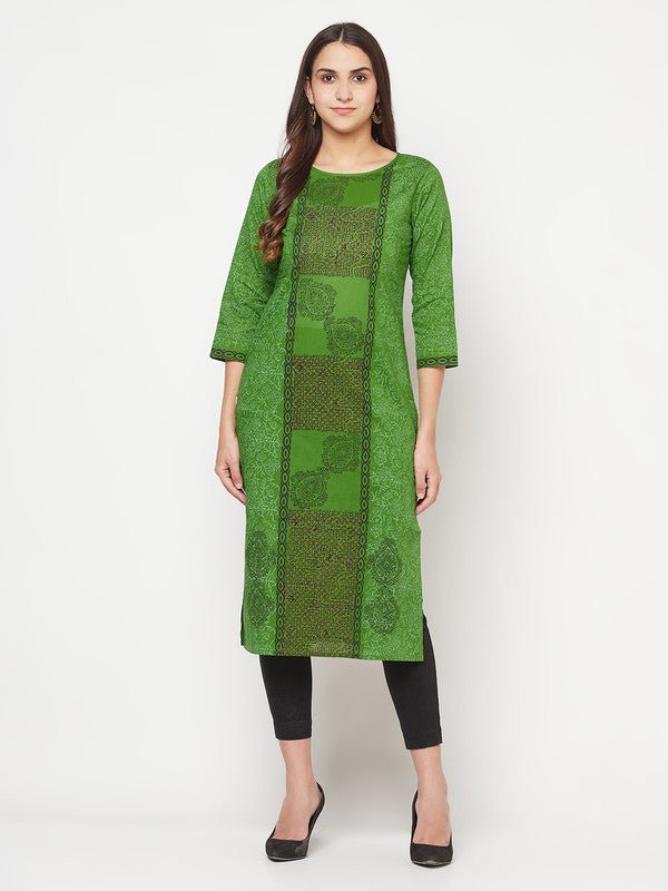 Aniyah Cotton Block Print Green Straight Kurta - Swadesiicart