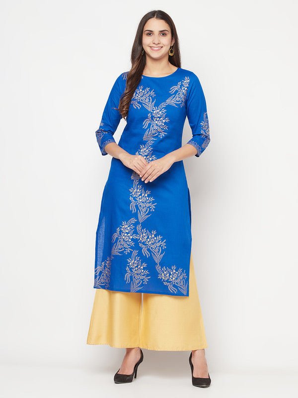 Aniyah Cotton Foil Print Royal Blue Straight Kurta - Swadesiicart
