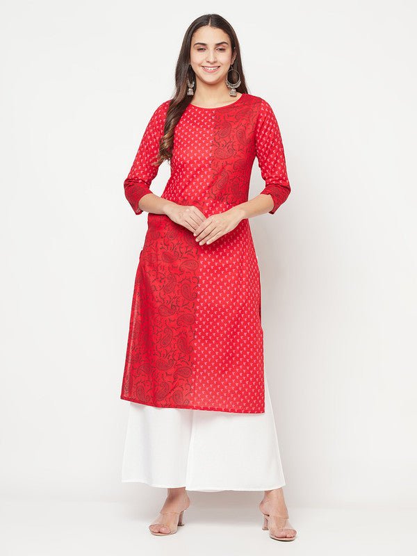 Aniyah Cotton Block Print Red Color Straight Kurta - Swadesiicart