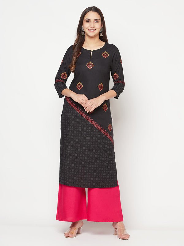 Aniyah Rayon Block Print Straight Kurta - Black - Swadesiicart