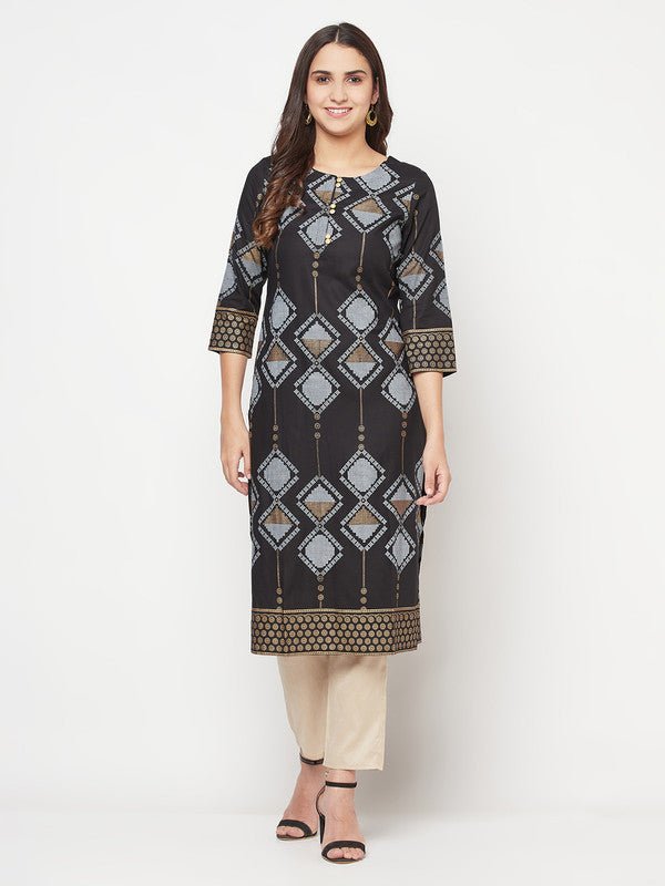 Aniyah Rayon Screen Print Black Straight Kurta - Swadesiicart